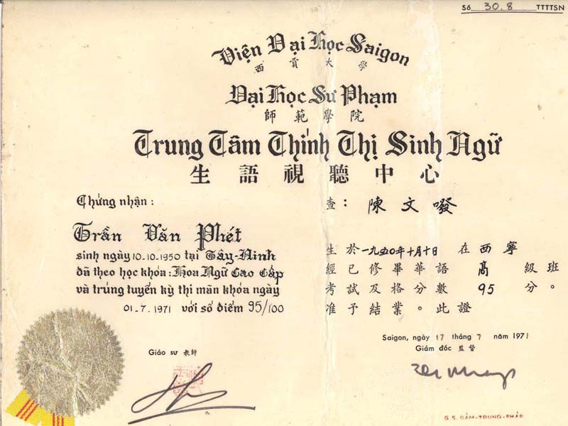 giấy chứng nhận Trần Văn Phét